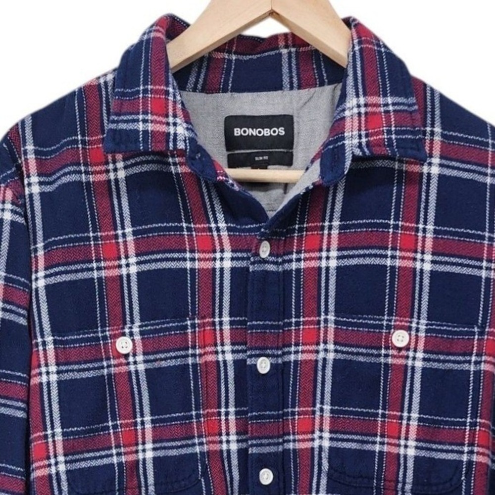 Bonobos Flannel Shirt Men‎ Large Blue Red Plaid Slim Fit Cotton Long Sleeve